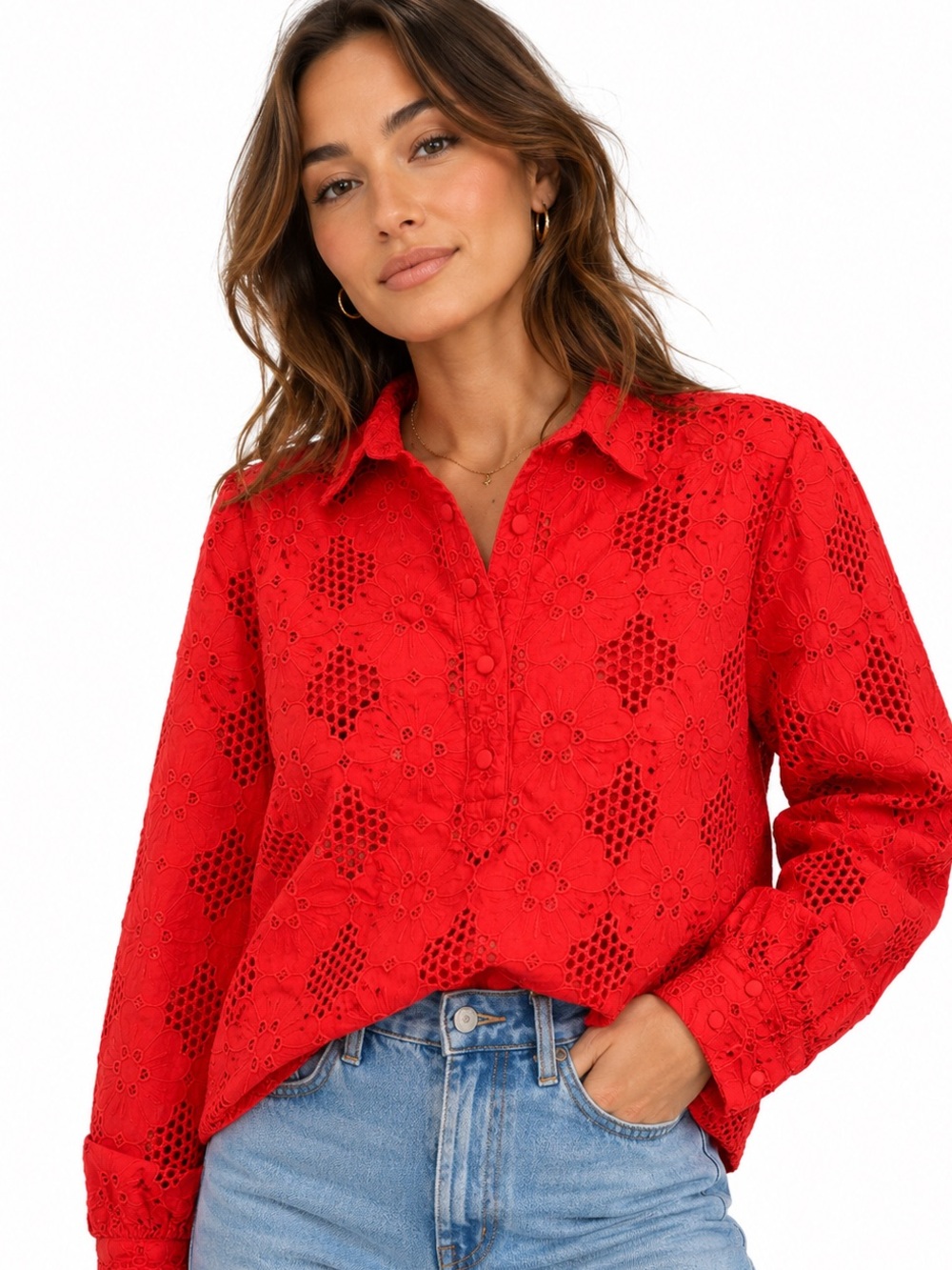 J.Crew Red Eyelet Floral Lace Popover Blouse Top Medium